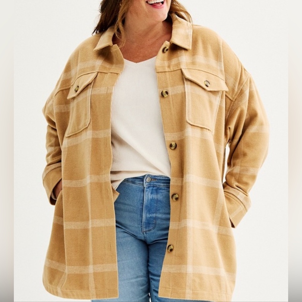 Sonoma Shacket Tan & White Plaid in Sizes 0X, 1X NWT
